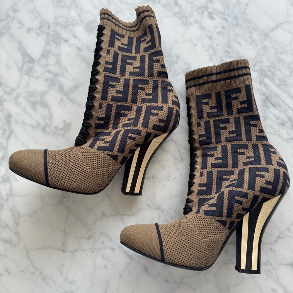 FENDI Tan and Black Logo Sock Boots